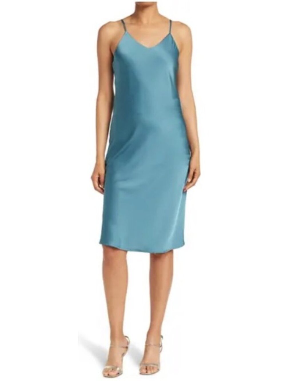 Sam Edelman Teal V-neck Satin Like Slip Dress with Spaghetti Straps Side Slit 12